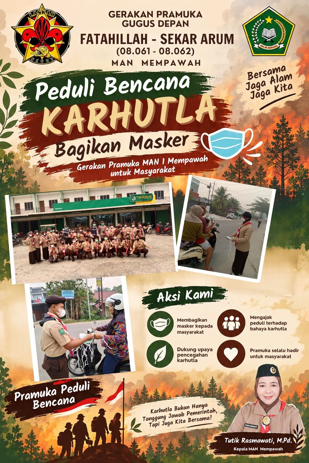 Pramuka Gudep Fatahillah-Sekar Arum MAN Mempawah Gelar Aksi Peduli Karhutla, Bagikan Masker kepada Masyarakat